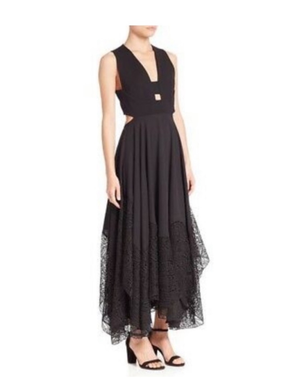 Sleeveless Black High-Low Lace Trim Dress